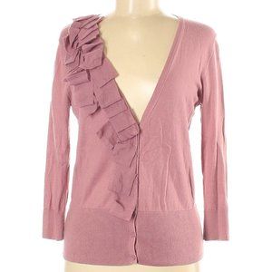 Ann Taylor LOFT Pink Ruffle V-Neck Cardigan Medium
